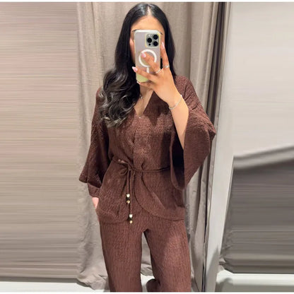 Tie Front Textured Women Set V-Neck Loose Set Wide Sleeve Drawstring Pants Casual Lounge Solid Color 2 Piece Outfits For Daily