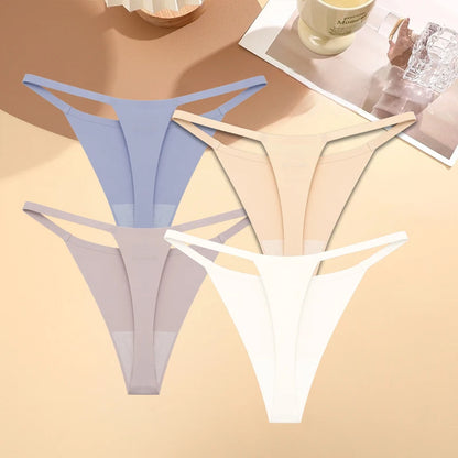 4PCS/Set Silk Seamless Thongs for Women Sexy Low Rise Panties Female Ultra Thin Breathable Underwear G-String T-Back Underpants