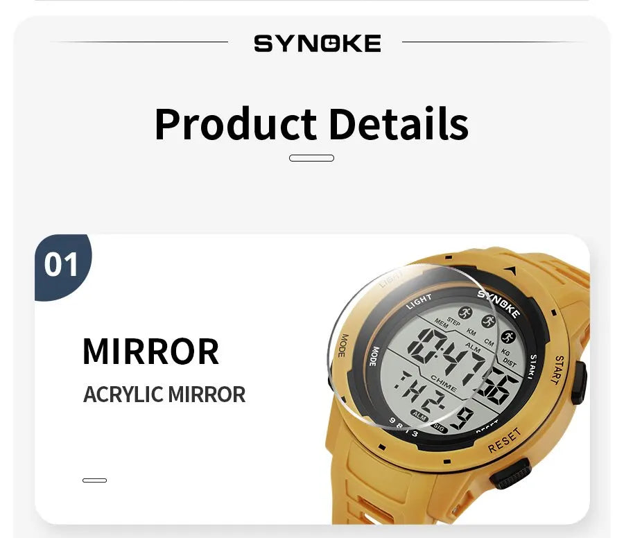SYNOKE Men Digital Watch Sports Watches Timing Function Alarm Clock Waterproof 50M Digital Watch Military Clock Large Screen