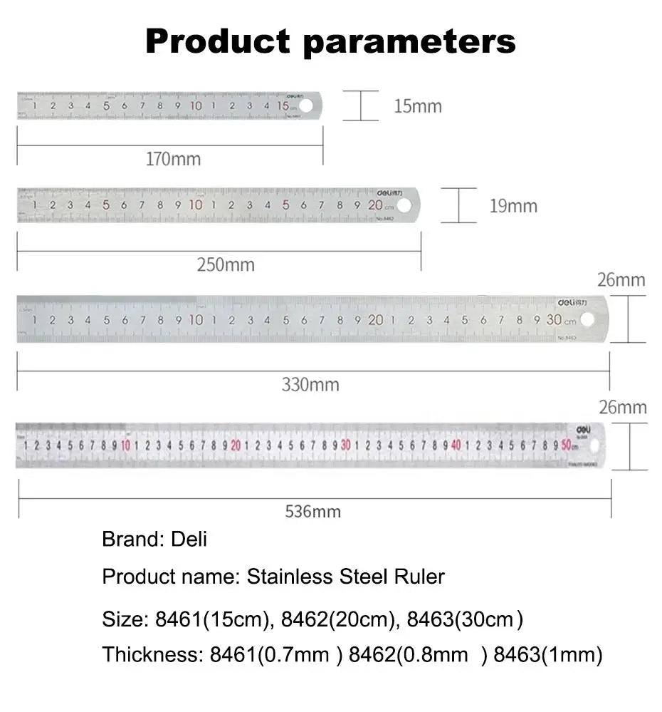 Deli Stainless Steel Ruler 15/20/30cm Metal Straight Ruler for Home School Precision Measuring Drawing Tool Supplies 1/2/5pcs