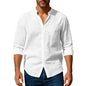 Cotton Linen Shirt for Men Henley Neck Solid Color Lightweight Breathable Slim Fit Single Breasted Shirt Long Sleeve Button Up