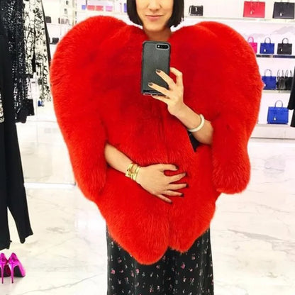 Autumn Winter Women Faux Fur Jacket Heart Pattern Personality O Collar Sleeveless Exaggeration Coat Female Fashion Tide Outwear