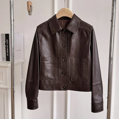 British Style Lapel Genuine Leather Jackets for Women Fashion Single-breasted Pockets Female Brown Casual Short Sheepskin Jacket