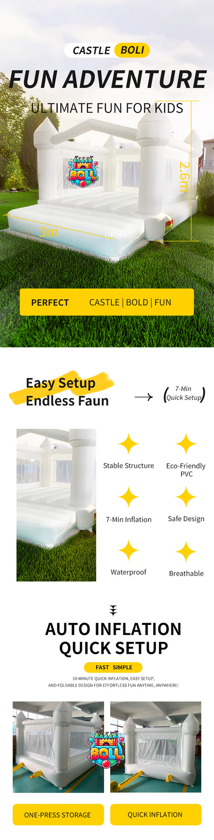 Inflatable Jumping Castle 4*3*2.6M White Bounce House For Kids Bouncy House White For Children With Blower Slide 5-8 Kids