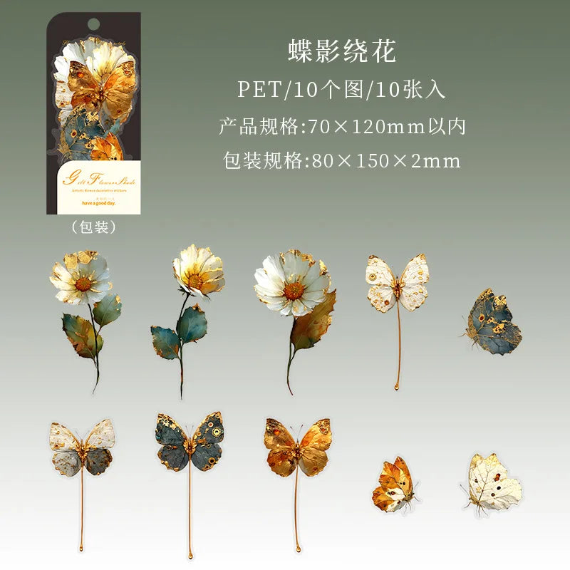 10pcs/1lot Kawaii Scrapbook Sticker Golden Flower Shadow Scrapbooking Supplies Planner Decorative Stationery Sticker