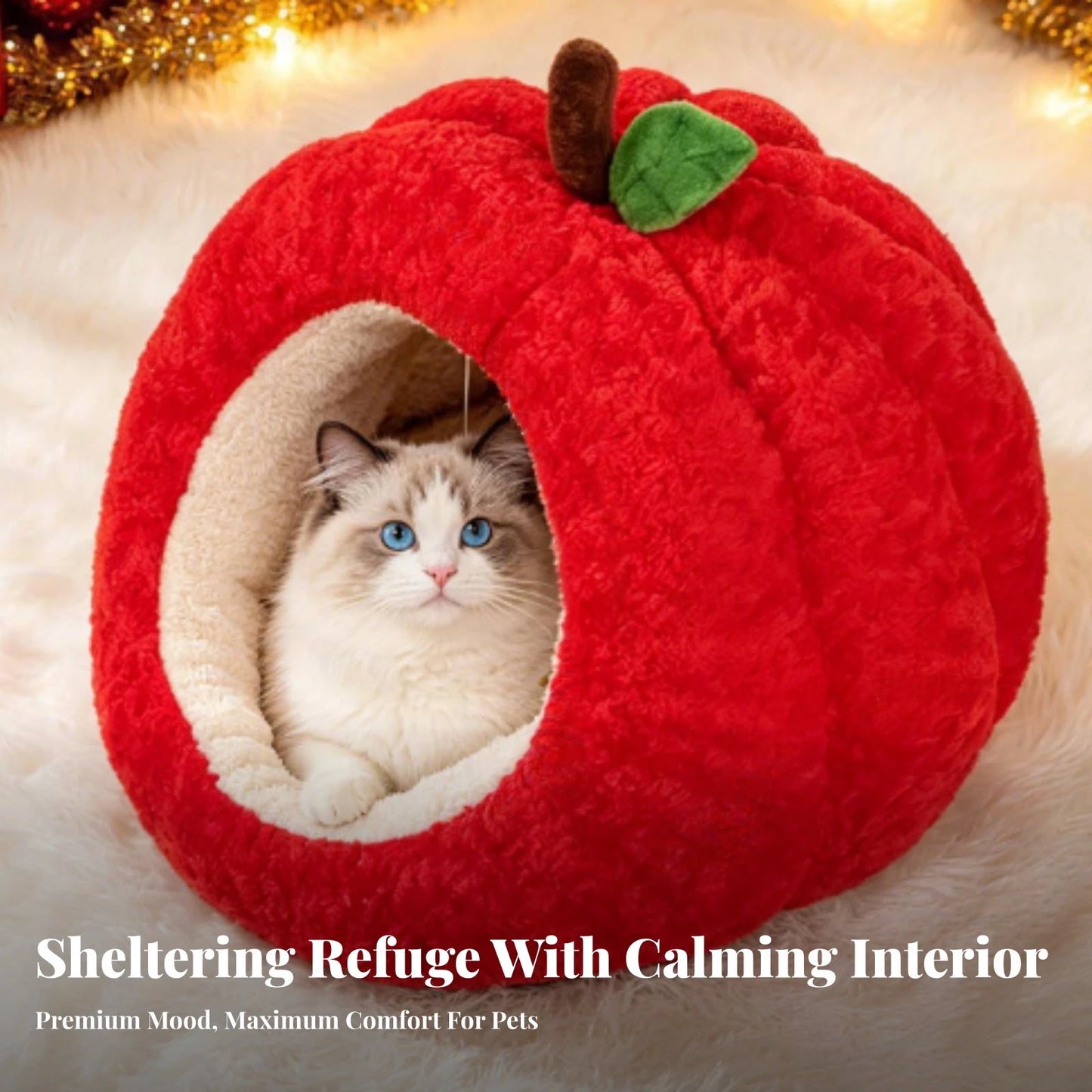 Apple-Shaped Pet Bed Cozy Enclosed Pet Bed with Removable Cushion Hideaway Cat House Warm Cat House with Cushion Soft for Cats