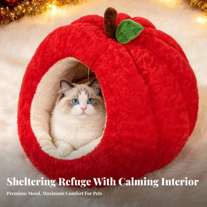 Apple-Shaped Pet Bed Cozy Enclosed Pet Bed with Removable Cushion Hideaway Cat House Warm Cat House with Cushion Soft for Cats