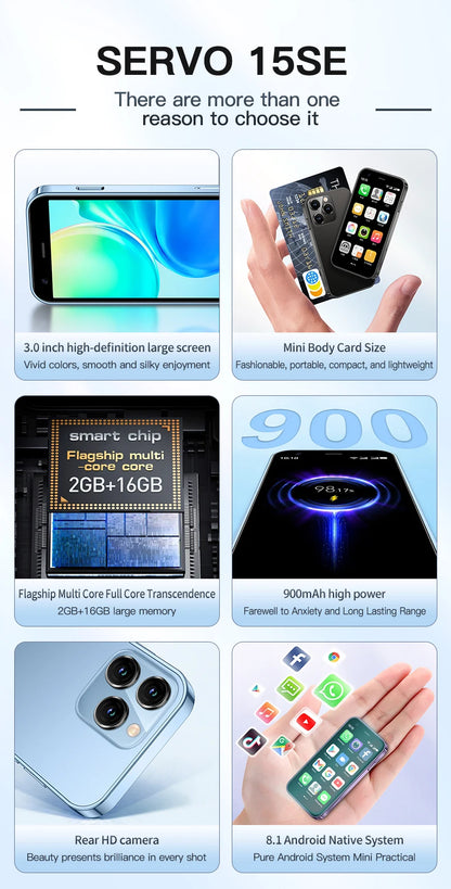 SERVO 15SE Mini Smartphone 3G WCDMA Android System WiFi Hotspot Play Store 3.0" Display Small Palm Smart Phones Dual SIM Standby