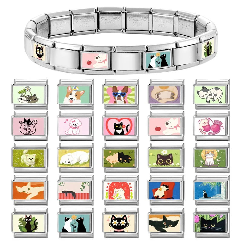 2026 Women's Funny Cat Bite Tail Elephant Dog Animals Italian Charm Link Fit 9mm Stainless Steel Module Bracelet Making Jewelrys