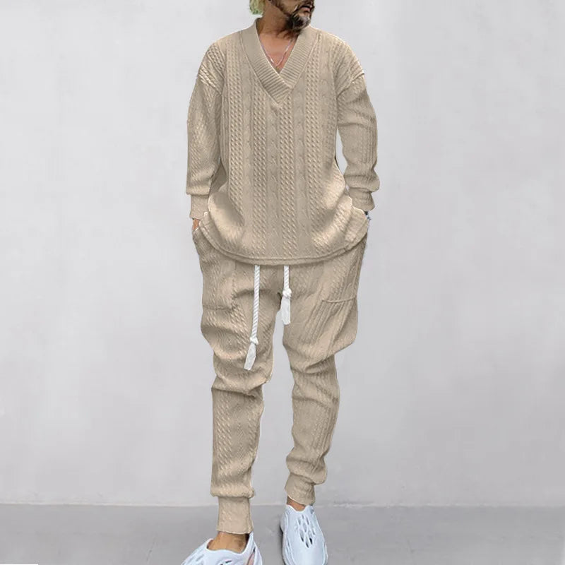 2025 Cross-border New Men's Casual Trousers V-Neck Versatile Jacquard Knitted Sweater Set