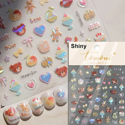 Lovely Animal Graffiti Cat Claw Rabbit Bunny Bear Dog Flower Fruit Dim Sum Candy Sunflower Adhesive 5D Nail Art Stickers Decal