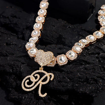 Hip Hop Bling Crystal Cursive Letter Initial Pendant Necklace Women Iced Out Cuban Choker Square Tennis Chain Necklace Jewelry