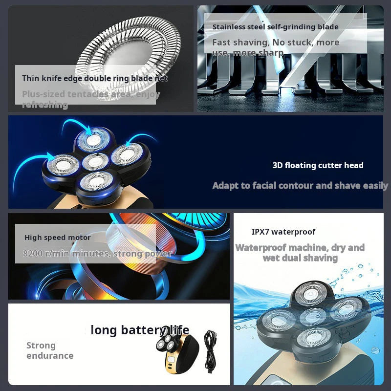 2025New Model Waterproof Rotary Razor Beard Clipper Hair Trimmer Face 5 Headed Electric Shaver Razor Rechargeable Male
