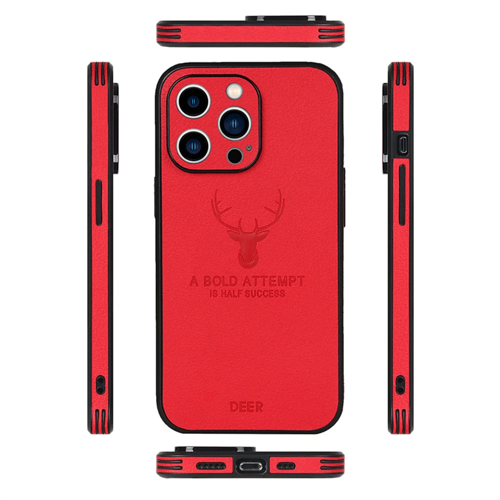 Luxury Business Leather Bumper Case For iPhone 17 Air 16 15 14 13 12 11 Pro Max Mini Plus Shockproof Soft Deer Head Back Cover