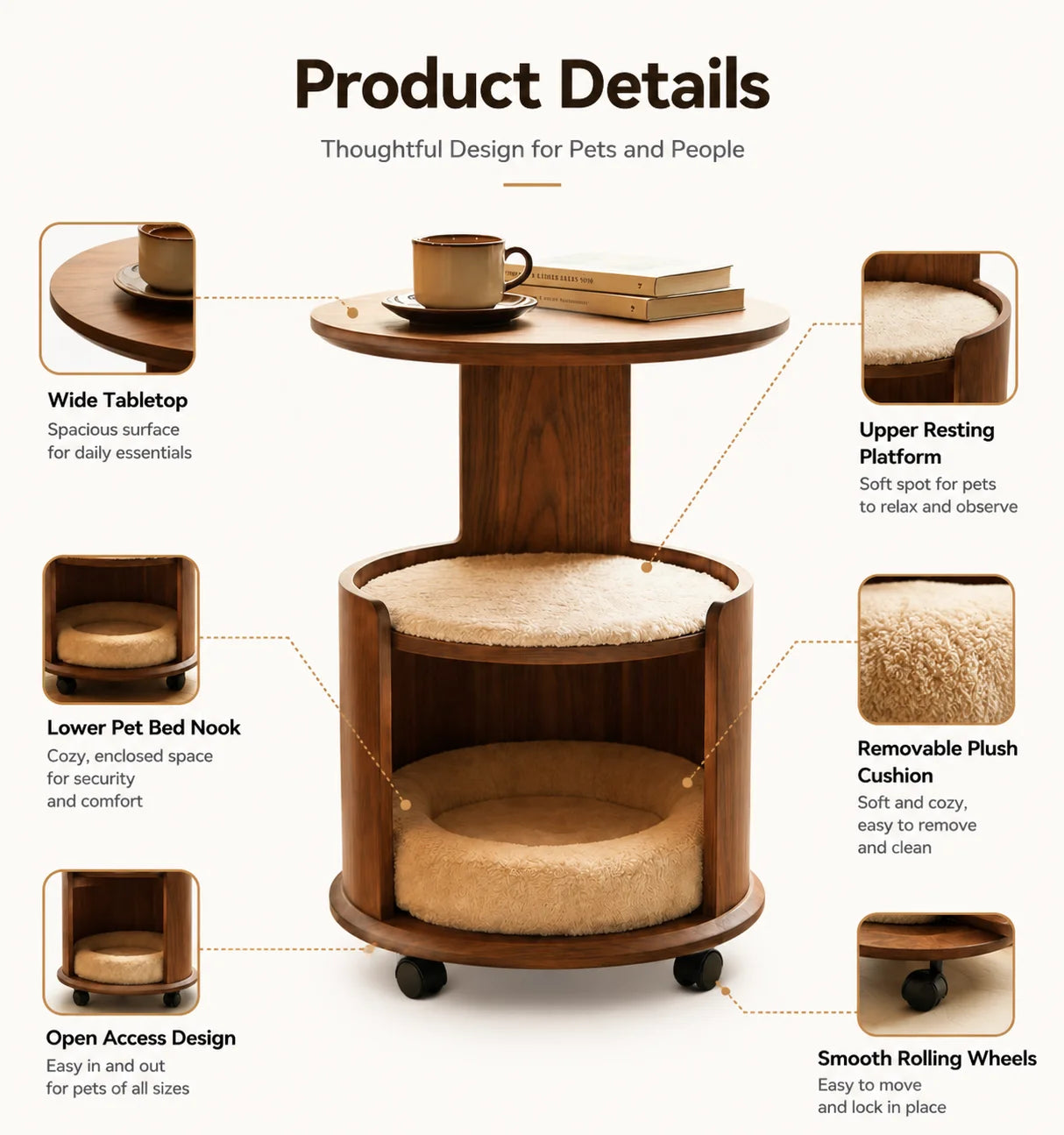 Wooden Pet Side Table Bed Combo with Removable Plush Cushion Smooth Rolling Casters for Cats Small Dogs Home Furniture