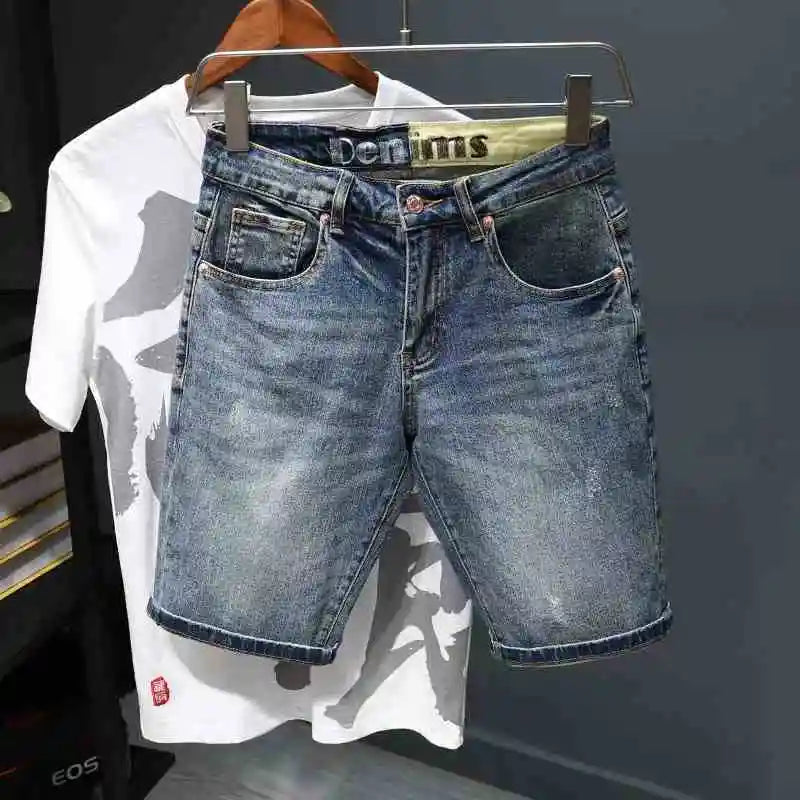 Summer Trendy Brand Handsome Denim Shorts Men's Washed Embroidered Patch Trendy Short Pants Ripped Slim-fit Elastic Middle Pants