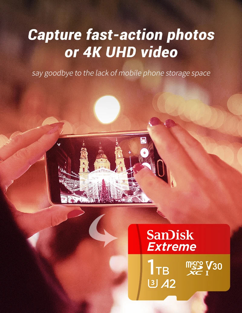 Sandisk Micro SD Card Extreme A2 A1 V30 SDXC Flash 32GB 64GB 128GB 256GB 512GB 1TB MicroSD Card 190MB/s TF Card for Phone Tablet