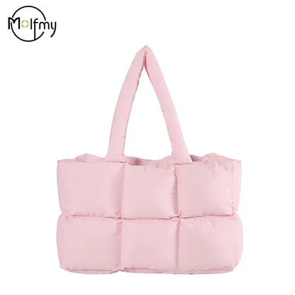 Women Tote Handbags Quilted Plaid Bag Retro Trendy Checkered Waterproof Shoulder Bag Solid Color Winter Soft Large Capacity Bags