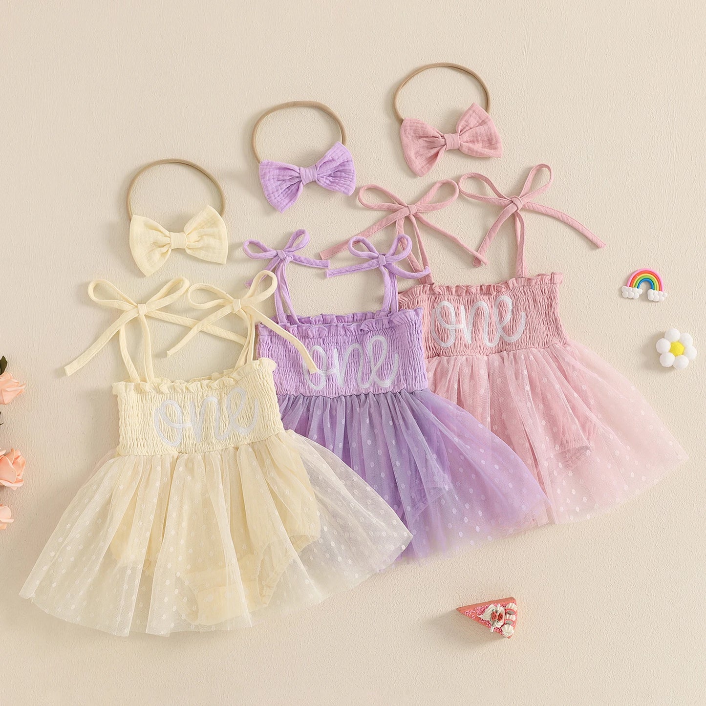 MISOWMNJOY Summer Mesh Tulle Baby Girl Romper Dress Infant Birthday Outfits Sleeveless Tie Strap Smocked Bodysuit with Headband
