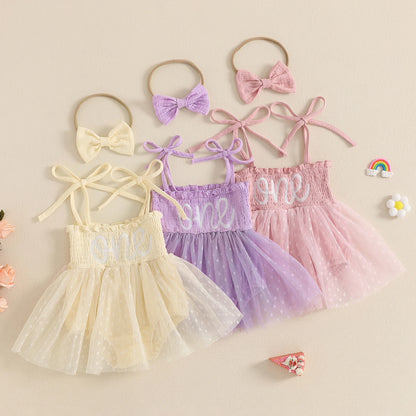 MISOWMNJOY Summer Mesh Tulle Baby Girl Romper Dress Infant Birthday Outfits Sleeveless Tie Strap Smocked Bodysuit with Headband