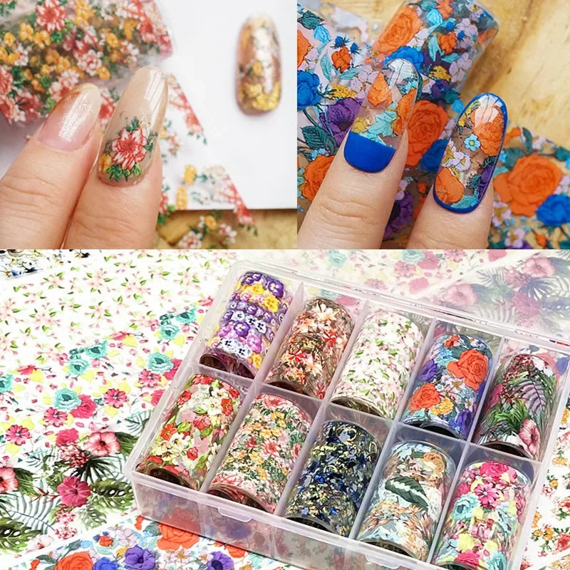 10 Patterns New Metal Nail Foils for Transfer Paper Stickers Floral Chameleon Nails Wraps DIY Water Marble Nail Art Decorations