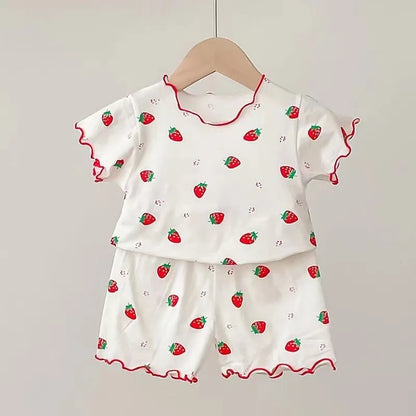 Baby Girl Strawberry Pajamas Set Summer Short Sleeve Thin Two Piece Toddler Kids Sleepwear Infant Home Wear Clothes