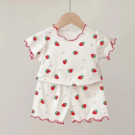 Baby Girl Strawberry Pajamas Set Summer Short Sleeve Thin Two Piece Toddler Kids Sleepwear Infant Home Wear Clothes