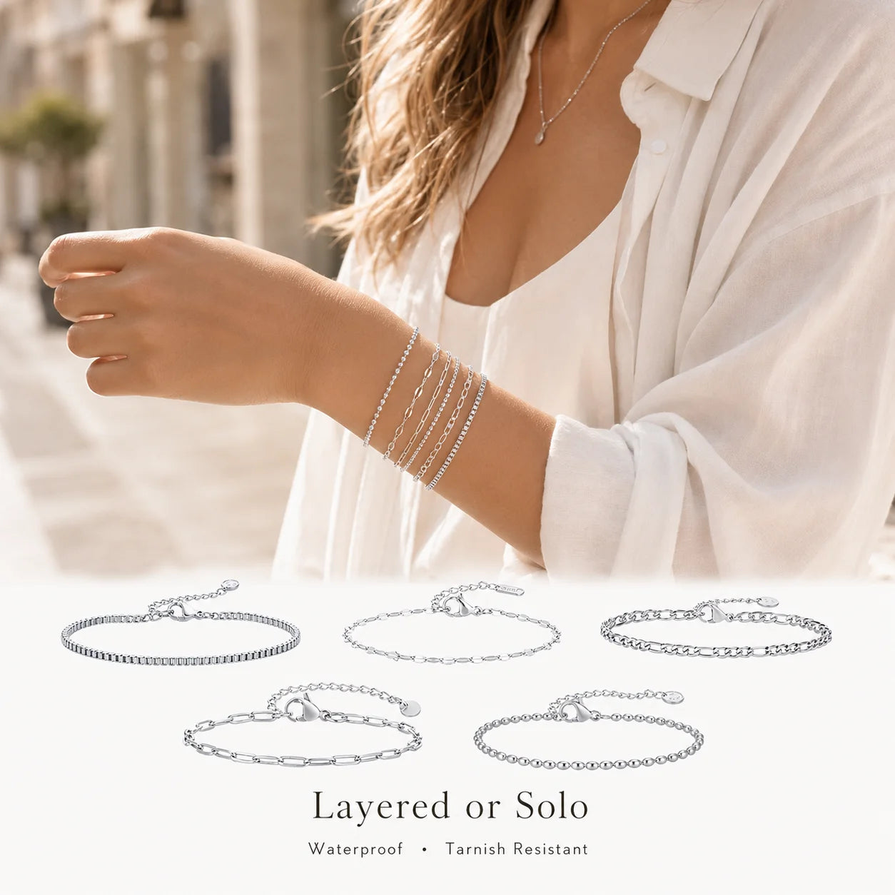 Women Chain Bracelet Silver Color, Stainless Steel Link Stackable Bracelets, Layered Waterproof Gifts
