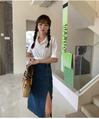 Korean Style Slim Bodycon Blue Skirts For Women 2026 Spring Summer New High Waist Split Denim Midi Skirt