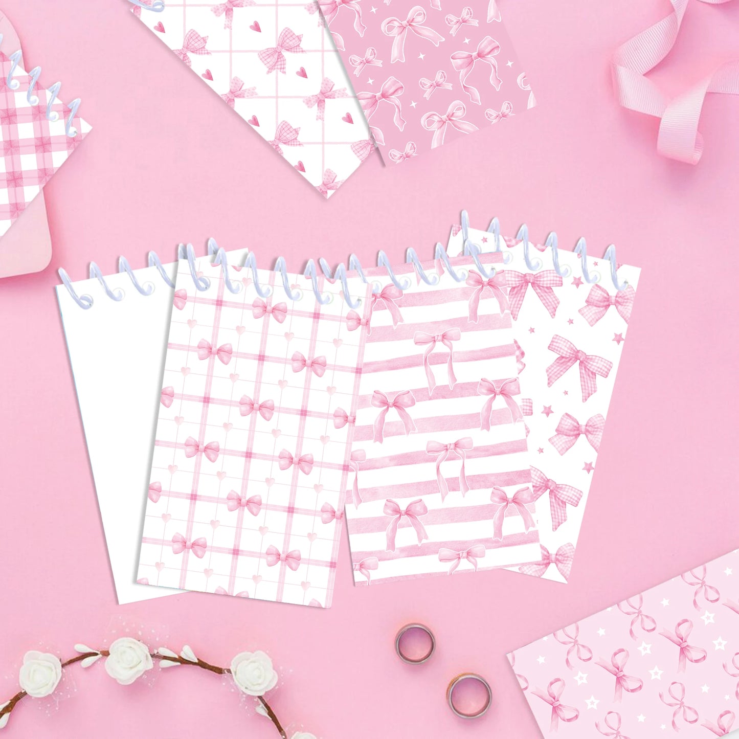 8pcs Pink Bowknot Theme Mini Spiral Pocket Notebooks Memo Pad Coil Booklet Notepads For Office Stationery School Diaries