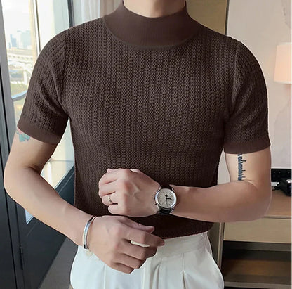 Summer New Casual Simple Knitted Base Shirt European and American Men's High Neck Water Ripple Solid Color T-Shirt