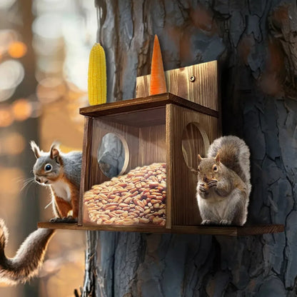 Squirrel Feeder Wooden Construction with Transparent Window Top Cover 2 Side Holes