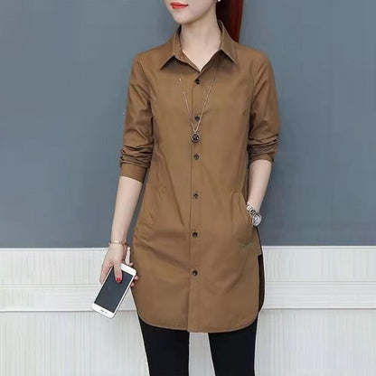 Women Shirt Solid Color Long Sleeve Single Breasted Turndown Collar Loose Streetwear Spring Summer OL Basic Shirt Blouse