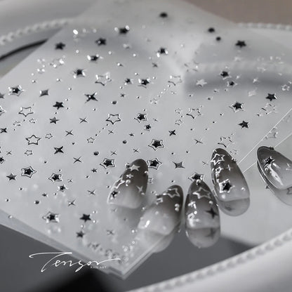 5D Luxury Star Nail Stickers for Nail Art Stars Black Silver Nail Decals Gilding Hollow Out Five-Pointed  Nail Art Design Slider