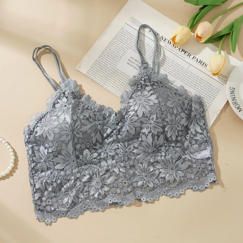 Lace Flower Suspender Top for Women Sexy Hollow Skin-friendly Solid Color Removable Pad Wireless Bra