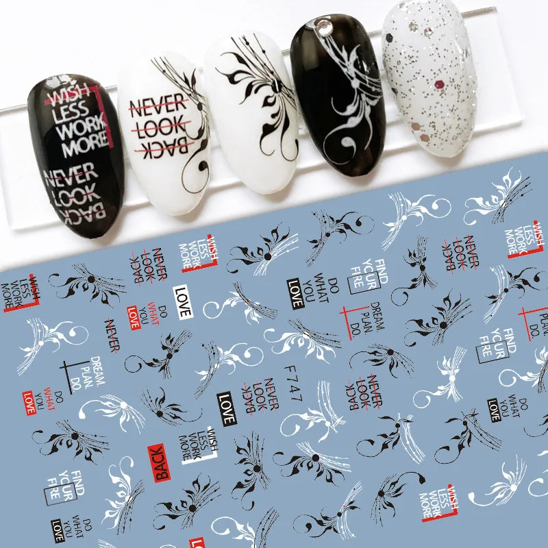 Black and White Love Flowers Line Art 3D Stickers Nail Decals Nail Art Accessories Butterfly Rose Nail Stickers Nail Sliders