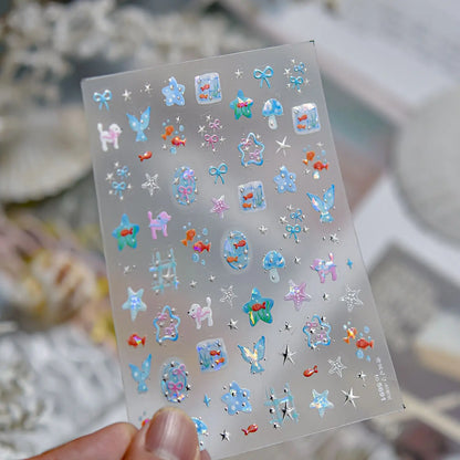 5D Starfish Fish Tail Small Fish Blue Bow Shell Silver Glitter Star Nail Art Stickers Ocean Fantasy Summer Nail Decals Manicure