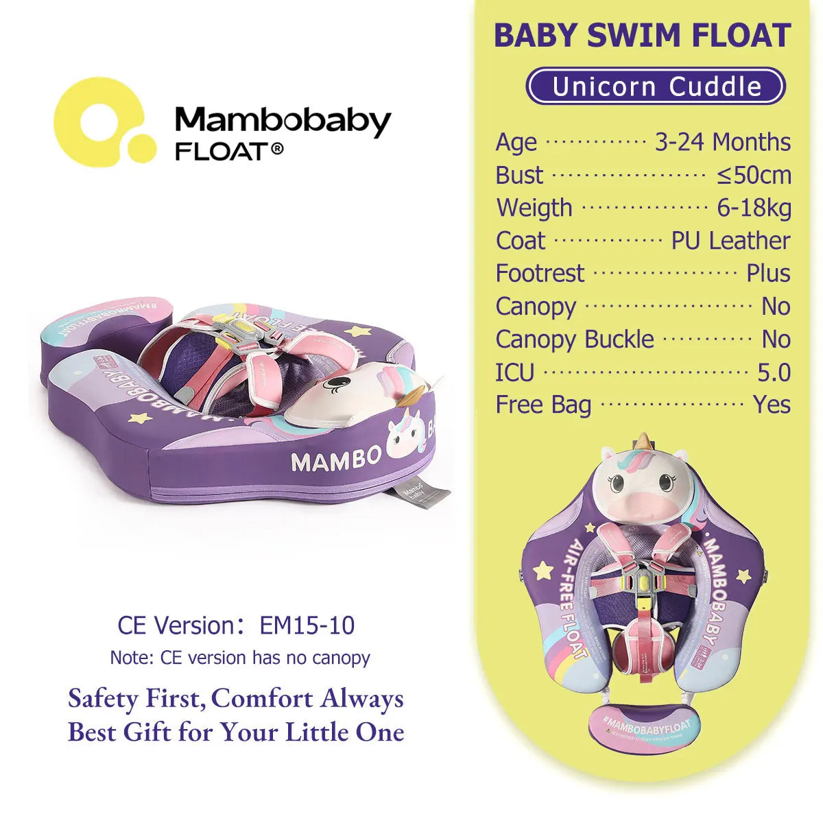 Mambobaby Float Safe Solid Core ST-Unicorn B503-143-W-Z Comfort Always: Skin-friendly Coat Baby Swimming Ring Toddler Pool Float