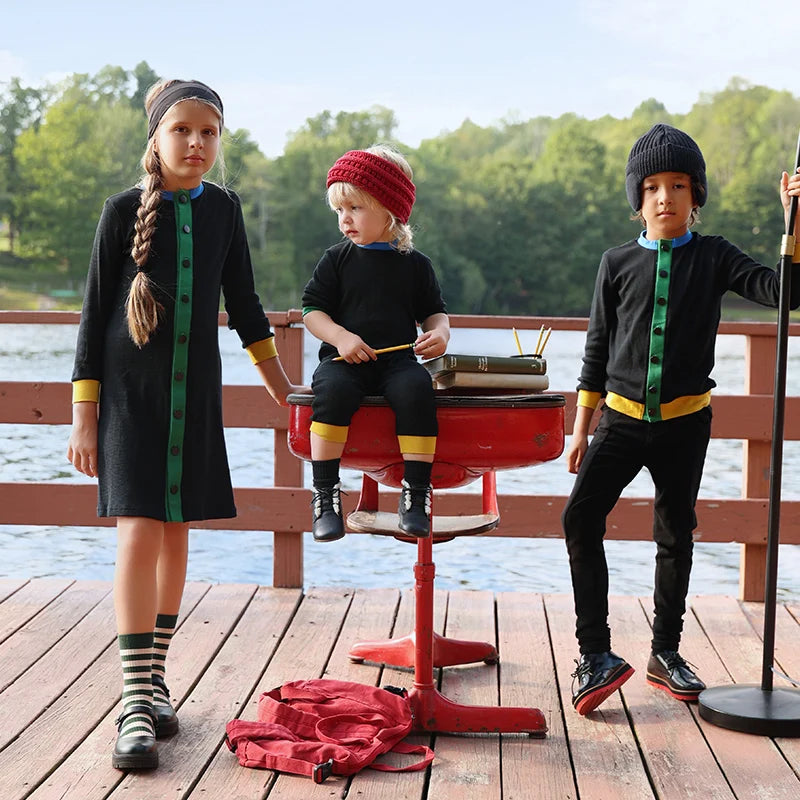 AA-Colorblock Waffle Knit Set Shirt Girl Dress and Baby Romper Contrasted Edges Rib Black Family Clothing Front Buttons Opening