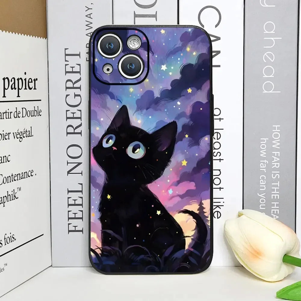 Artistic Black Cat Starry Night Phone Case For iPhone 17 16 15 14 13 12 Pro Max Mini 7 8 SE Plus Couple Cover Soft Shell Fundas