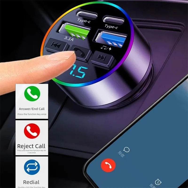 KEBIDUMEI 66W Fast Charge Bluetooth 5.0 FM Transmitter 4 Ports (Dual USB+Type-C) RGB Ambient Light Handsfree Car MP3 Player