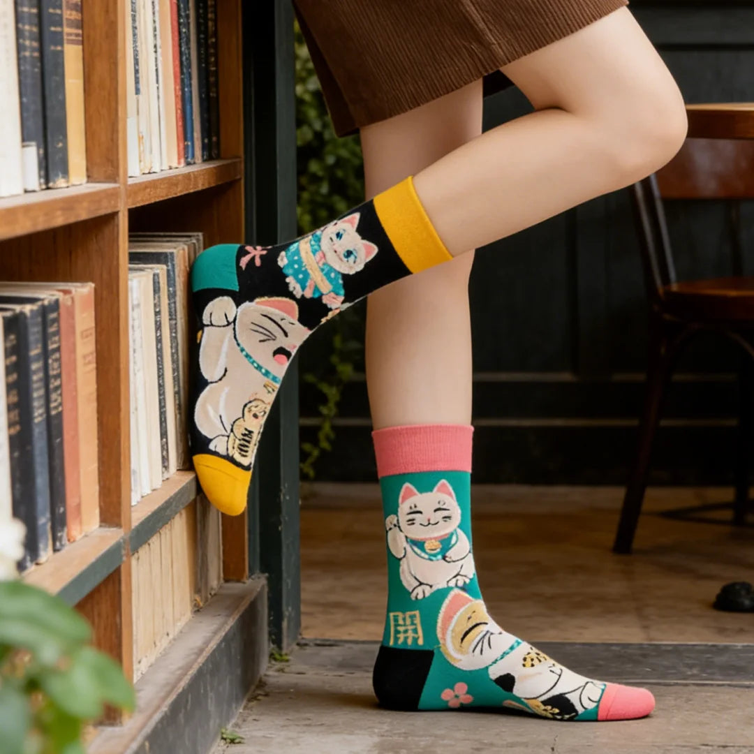 1 Pair Cartoon Lucky Cat AB Style Personalized Fashion Men's Mid-calf Socks Suit In All Seasons
