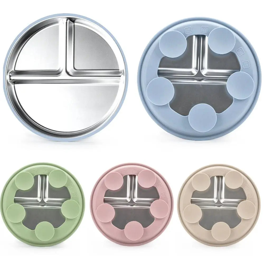 New Non-Slip Stainless Steel Kids Plate with Suction Anti Breakage Divided Baby Plates Silicone Sleeves Removable Toddler Bowls