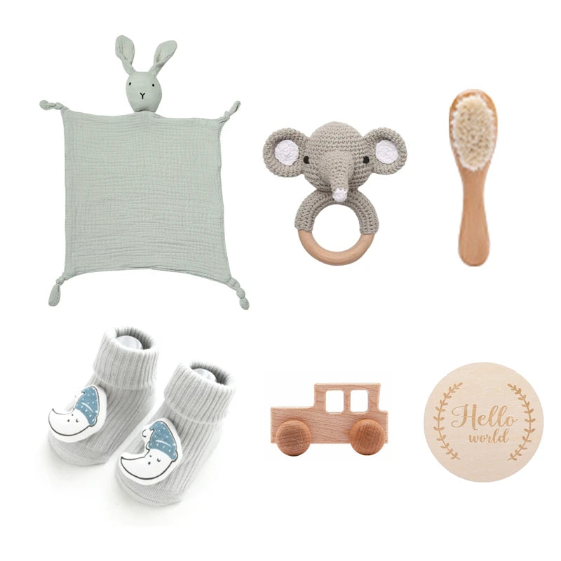 Newborn Baby Bath Set with Double Sided Cotton Blanket Face Saliva Towel Crochet Rattle Toy Wool Brush,Gift Box for Baby Shower