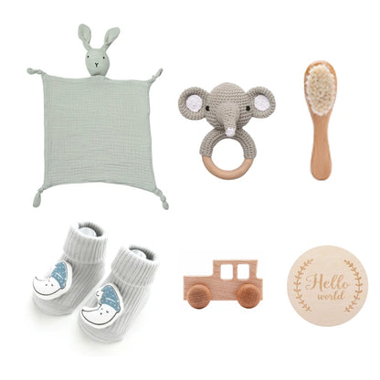 Newborn Baby Bath Set with Double Sided Cotton Blanket Face Saliva Towel Crochet Rattle Toy Wool Brush,Gift Box for Baby Shower