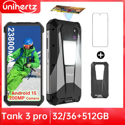 Unihertz Tank 3 Pro 8849 Rugged Smartphone Android 5G with 100 Lumens Projector 32/36GB 512GB 23800mAh Waterproof 200MP Phones