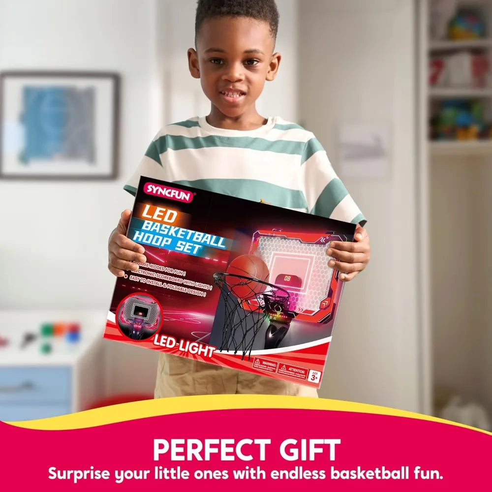 JOYFY Mini Indoor Basketball Hoop Light Up Over The Door Basketball Hoop for Kids Bedroom Basketball Birthday Chirstmas Gifts