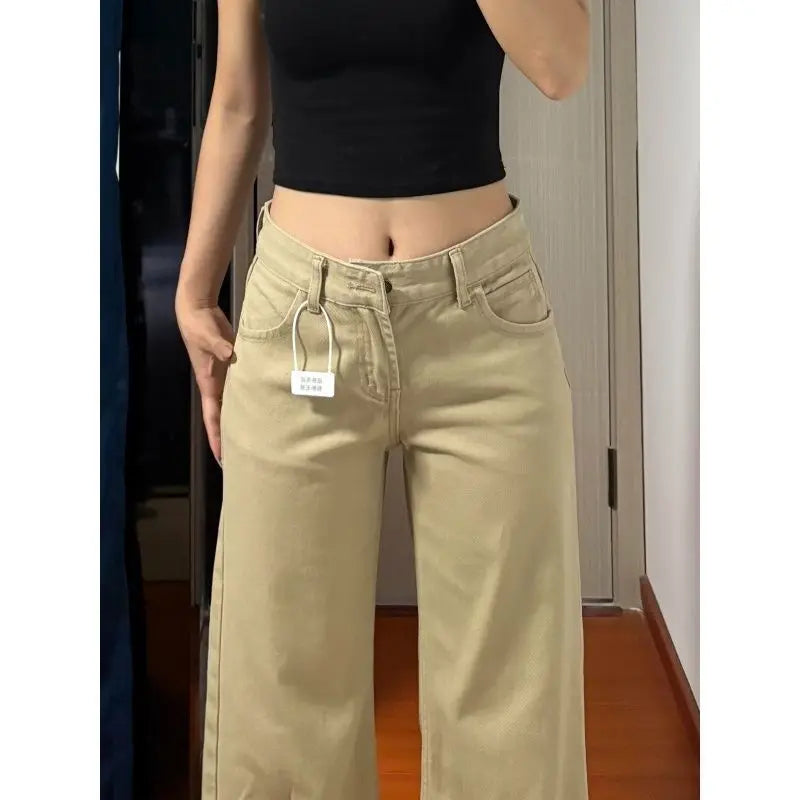 American Vintage Flared Jeans Women New Low Waist Loose Khaki Straight Leg Floor Length Versatile Denim Pants Bootcut Trousers