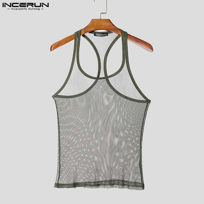 INCERUN Tops American Style Fashion Men Thin Perspective Mesh Vests Sexy Casual Streetwear Male Personality Sleeveless Tank Tops