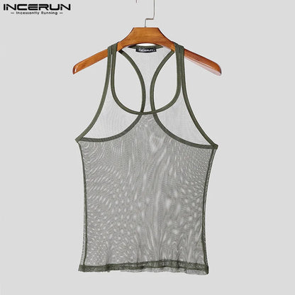 INCERUN Tops American Style Fashion Men Thin Perspective Mesh Vests Sexy Casual Streetwear Male Personality Sleeveless Tank Tops
